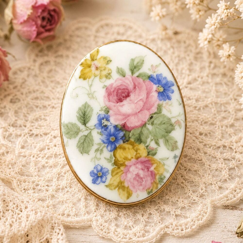 Vintage Pink Roses Porcelain Picture Brooch